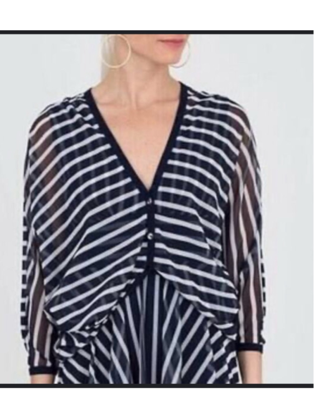 Fuzzi Navy White Striped Sheer Blouse M Y2K Jean Paul Gauthier